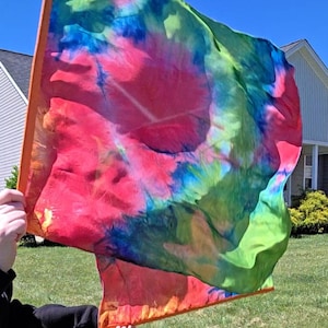 May include: A vibrant, tie-dye flag with a spectrum of colors including red, blue, green, and orange. The flag is held up against a backdrop of a clear blue sky and green grass.