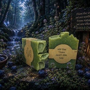May include: Two rectangular bars of green goat's milk soap wrapped in tan paper labels. The labels feature the text Wild Blue Thyme Goat's Milk Soap. The soap bars have a textured, uneven top surface and are speckled with small green particles.