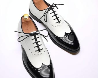 Scarpe Oxford da uomo in pelle verniciata bianca e nera, fatte a mano – Scarpe eleganti da smoking