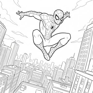 May include: A black and white line art coloring page featuring a superhero character in a web-patterned suit leaping through the air above a dense city skyline. The character is positioned centrally with arms outstretched over tall buildings.
