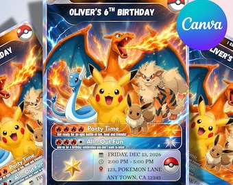 Pokemon Birthday Invitation, Editable Canva Template, Pokemon Card Invite, Pikachu Charizard Party, Digital Download