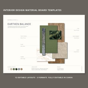 Op de afbeelding: Een interieurontwerp materiaalbord sjabloon getiteld Earthen Balance, met een verzameling stalen waaronder olijfkleurig textiel, leisteen, marmer, eikenhout, groen marmer en linnen. De lay-out bevat tekstlabels, een kleurenpalet en ontwerpnotities.