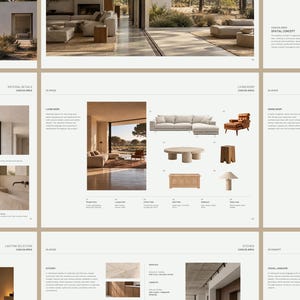 Könnte beinhalten: Ein architektonischer Designkatalog mit dem Titel CASA DA AREIA, der Innenraumlayouts und Möbel wie ein beiges Ecksofa, einen runden Couchtisch, einen Holzhocker und eine Tischleuchte sowie begleitende Texte zeigt.