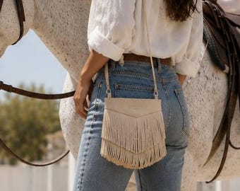 Westernleren crossbodytas, handgemaakte portemonnee met franje, boho cowgirl-tas, leren schoudertas voor dames