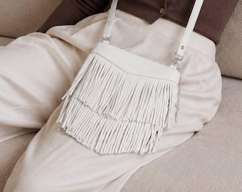 Small Leather Crossbody Bag, Handmade Fringe Purse, Compact Boho Shoulder Bag, Western Leather Handbag