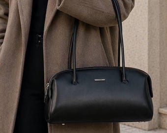 East West Leather Bag, Luxury Baguette Shoulder Bag, Structured Minimalist Womens Handbag