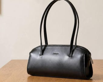Luxury Leather Shoulder Bag, Black Womens Handbag, Elegant Structured Purse, Premium Daily Bag