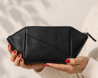 Leather Travel Toiletry Bag, Geometric Makeup Organizer, Soft Leather Pouch, Cosmetic Case for Women, Ukraine