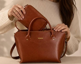 Conjunto de bolso y neceser de piel, bolso de mano y neceser de maquillaje de piel hechos a mano, conjunto de regalo a juego para mujer, organizador de viaje