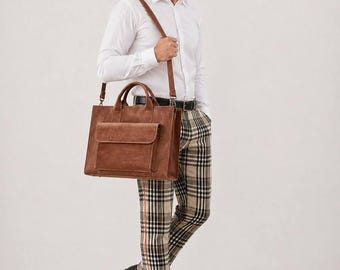 Mens Leather Briefcase 16 Inch Laptop Bag, Business Office Bag, Structured Document Case With Strap