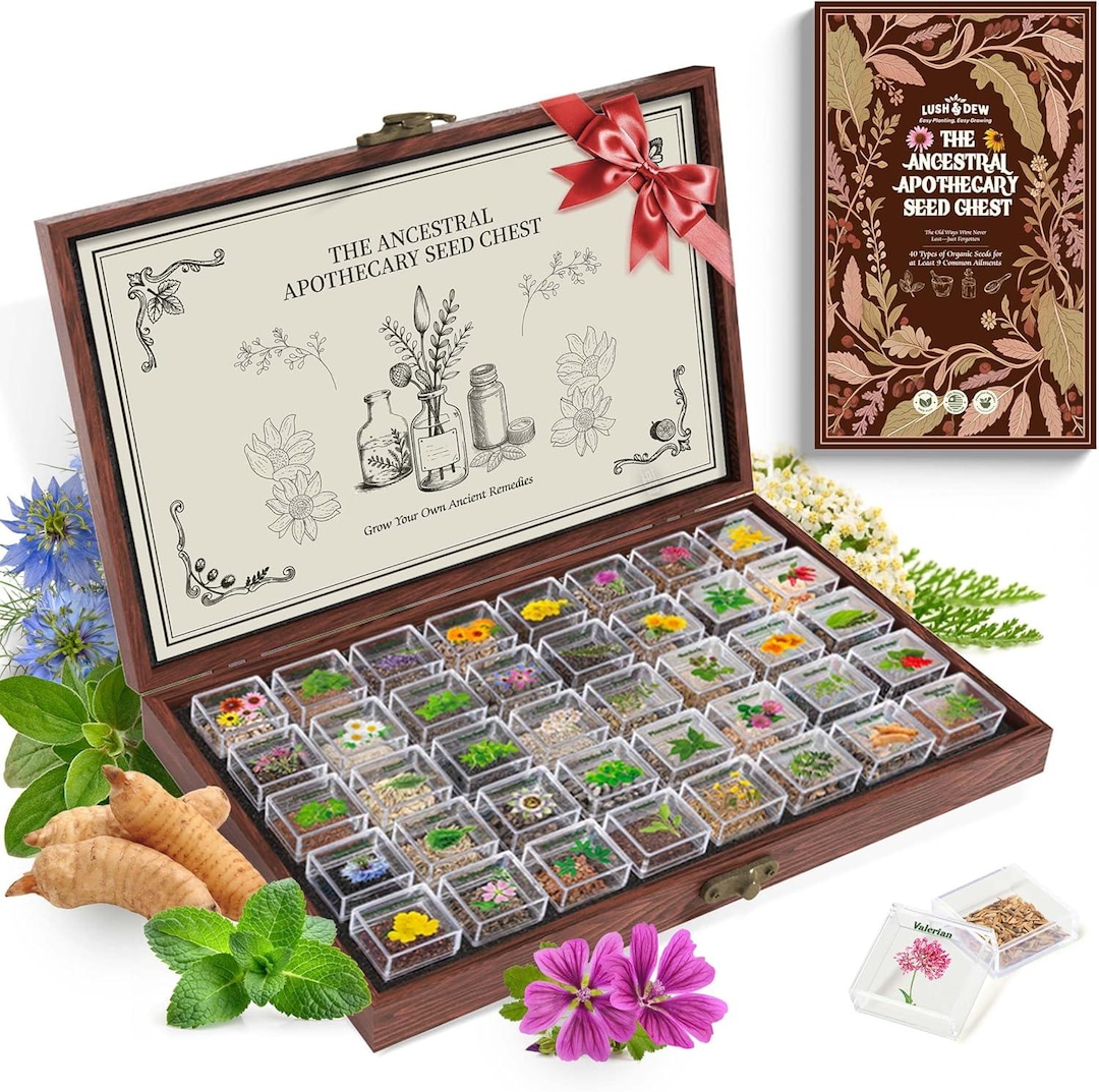 Heirloom Apothecary Seed Chest, 40 Medicinal Non-GMO Seeds, Herbal Tea Garden Kit