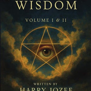 May include: Book cover for "THE BOOK OF WISDOM", volumes I & II. A golden pentagram with an eye at its centre. Author: Harry Jozef. The background is dark with cloudy details. The words "REVIVAL OF WISDOM" are at the bottom.