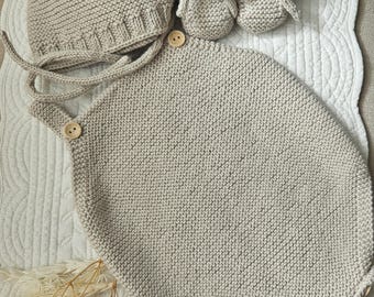 Hand-Knitted Baby Mallorca Set: Organic Cotton Romper, Bonnet, Booties