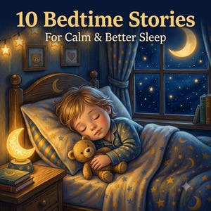 Puede incluir: Una ilustración digital titulada 10 Bedtime Stories For Calm & Better Sleep que muestra a un niño durmiendo en una cama con un osito de peluche. La escena incluye una lámpara con forma de luna, ropa de cama con estrellas y una ventana.