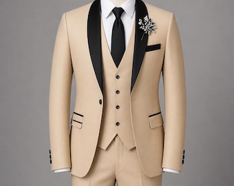Klassischer Camel 3-teiliger Smoking - Slim Fit Satin Revers Formelles Set