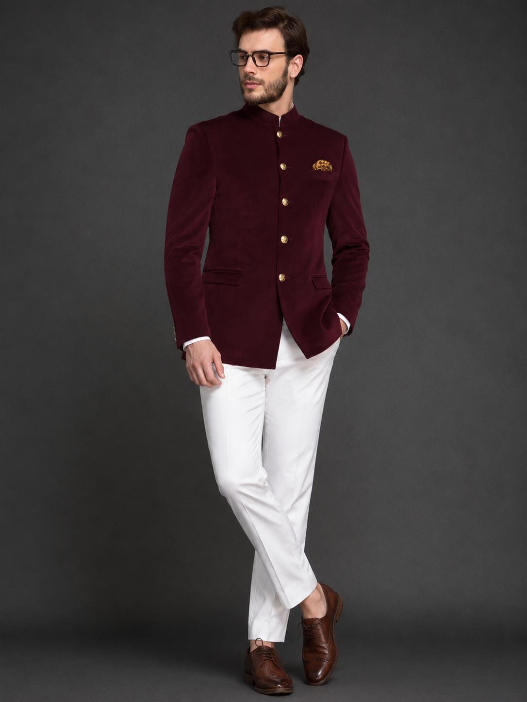 Maroon Velvet Jodhpuri Blazer with White Pants - Slim Tailored Prince Coat Set
