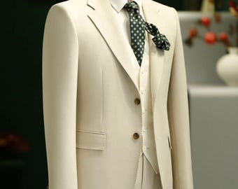 Men's Ivory 3 Piece Suit: Terry Rayon Blazer, Waistcoat, Trousers – Formal Wedding Wear