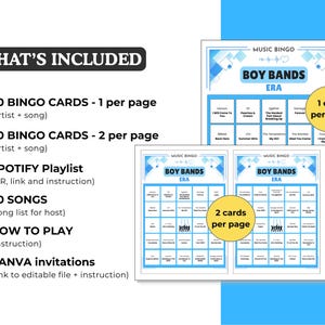 May include: A digital music bingo game set titled Boy Bands Era featuring blue and white graphics. Includes 30 bingo cards in two formats, a Spotify playlist with QR code, 50 songs for the host, instructions, and editable Canva invitations.