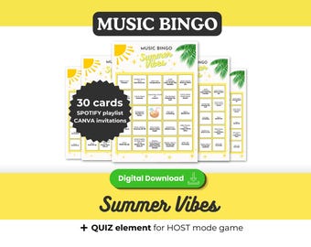 SUMMER Vibes Music Bingo, 30 Printable Cards 5*5, Summer Game, BBQ Garden Pool Party, Spotify Playlist, Instant Download, Print and Play