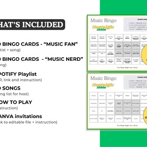 Puede incluir: Un juego de bingo musical con dos cartones de bingo, uno con canci&oacute;n y artista, el otro solo con el nombre de la canci&oacute;n. El juego incluye 30 cartones de bingo para fan&aacute;ticos y nerds de la m&uacute;sica, una lista de reproducci&oacute;n de Spotify, 50 canciones, instrucciones e invitaciones de Canva.