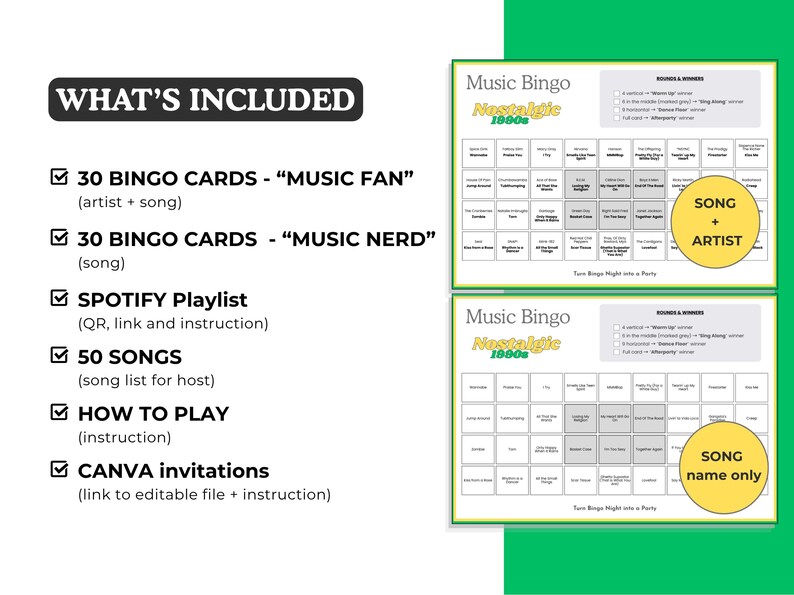 Puede incluir: Un juego de bingo musical con dos cartones de bingo, uno con canci&oacute;n y artista, el otro solo con el nombre de la canci&oacute;n. El juego incluye 30 cartones de bingo para fan&aacute;ticos y nerds de la m&uacute;sica, una lista de reproducci&oacute;n de Spotify, 50 canciones, instrucciones e invitaciones de Canva.