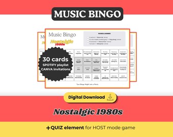 Bingo musicale con i successi nostalgici degli anni '80, gioco stampabile con 30 cartelle, playlist Spotify, download digitale per feste tra amici e riunioni di famiglia.