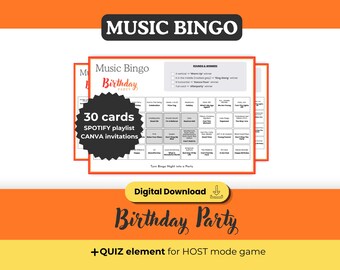 Bingo musicale per feste di compleanno, gioco stampabile con 30 cartelle, playlist Spotify, download digitale per serate tra amici e festeggiamenti.
