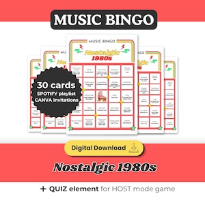 May include: A stack of "Music Bingo" cards with a retro 1980s theme. The cards feature a colorful design with the text "Nostalgic 1980s" and include 30 cards, a Spotify playlist, and Canva invitations. A digital download is available.