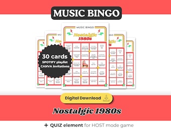80er Jahre Nostalgische Hits Musik Bingo Standard, druckbares Spiel 30 Karten, Spotify Playlist, digitaler Download für Party und Familientreffen