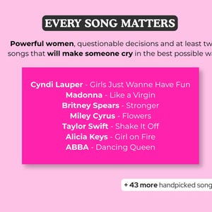 Puede incluir: Un gr&aacute;fico rosa con el texto "EVERY SONG MATTERS" y una lista de canciones de Cyndi Lauper, Madonna, Britney Spears, Miley Cyrus, Taylor Swift, Alicia Keys y ABBA. El gr&aacute;fico tambi&eacute;n dice "+ 43 canciones m&aacute;s seleccionadas".