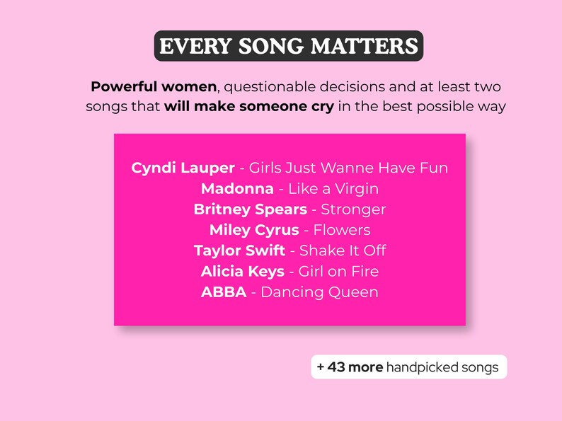 Puede incluir: Un gr&aacute;fico rosa con el texto "EVERY SONG MATTERS" y una lista de canciones de Cyndi Lauper, Madonna, Britney Spears, Miley Cyrus, Taylor Swift, Alicia Keys y ABBA. El gr&aacute;fico tambi&eacute;n dice "+ 43 canciones m&aacute;s seleccionadas".