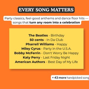 May include: An orange graphic with the text "EVERY SONG MATTERS." A yellow rectangle lists song titles by The Beatles, 50 Cent, Pharrell Williams, Miley Cyrus, Bobby McFerrin, Katy Perry, and American Authors. The image also says "+ 43 more handpicked songs."