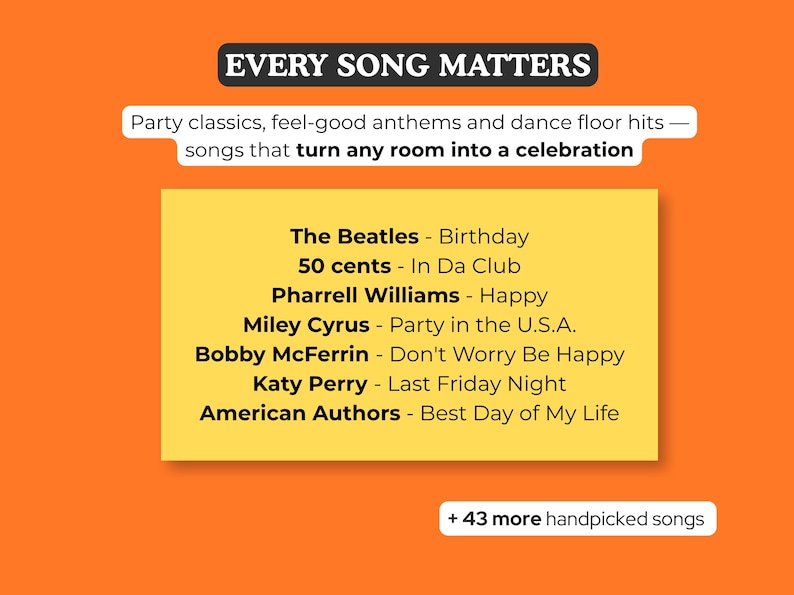 May include: An orange graphic with the text "EVERY SONG MATTERS." A yellow rectangle lists song titles by The Beatles, 50 Cent, Pharrell Williams, Miley Cyrus, Bobby McFerrin, Katy Perry, and American Authors. The image also says "+ 43 more handpicked songs."