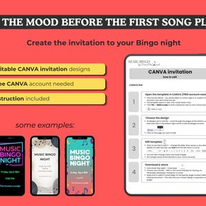 May include: A digital graphic promoting Music Bingo night invitations. The image includes examples of phone invitations, a tablet with instructions, and text that reads "Editable CANVA invitation designs", "Free CANVA account needed", and "Instruction included".