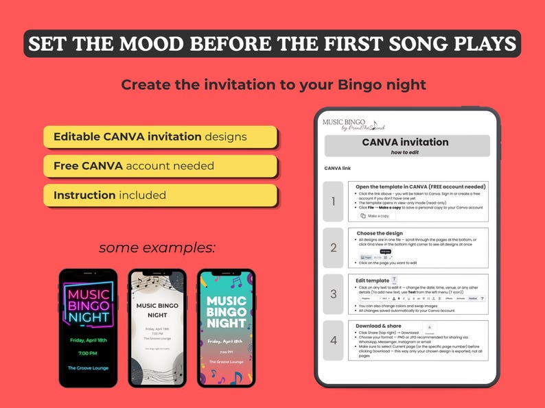 May include: A digital graphic promoting Music Bingo night invitations. The image includes examples of phone invitations, a tablet with instructions, and text that reads "Editable CANVA invitation designs", "Free CANVA account needed", and "Instruction included".