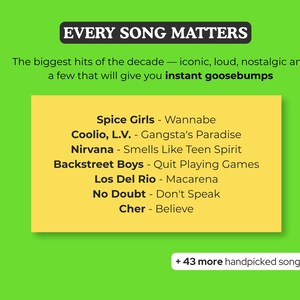 Op de afbeelding: Een groene achtergrond met de tekst "EVERY SONG MATTERS" in een zwarte doos. Een gele rechthoek bevat songtitels waaronder "Spice Girls - Wannabe" en "Nirvana - Smells Like Teen Spirit". De tekst "+ 43 more handpicked songs" staat onderaan.