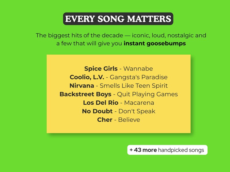 Op de afbeelding: Een groene achtergrond met de tekst "EVERY SONG MATTERS" in een zwarte doos. Een gele rechthoek bevat songtitels waaronder "Spice Girls - Wannabe" en "Nirvana - Smells Like Teen Spirit". De tekst "+ 43 more handpicked songs" staat onderaan.