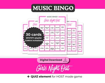 GIRLS NIGHT Music Bingo, Printable Game 30 Standard Cards 5*5, Spotify Playlist, Digital Download for Ladies night, Bachelorette Hen party
