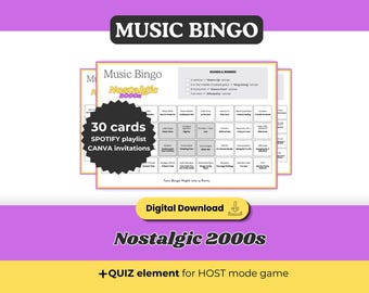 Bingo musicale nostalgico degli anni 2000, gioco stampabile con 30 cartelle, playlist Spotify, download digitale per feste tra amici e millennial in stile Y2K.