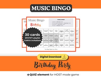 BIRTHDAY Party Music Bingo, Printable Game 30 Cards, Spotify Playlist, Digital Download for Friends night, Celebrations