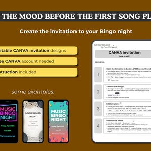 May include: A digital graphic displaying editable Canva invitation templates for a music bingo night. The image features text instructions, three smartphone mockups showing example designs, and a step-by-step guide for editing the templates.