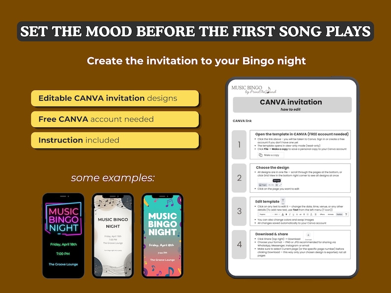 May include: A digital graphic displaying editable Canva invitation templates for a music bingo night. The image features text instructions, three smartphone mockups showing example designs, and a step-by-step guide for editing the templates.
