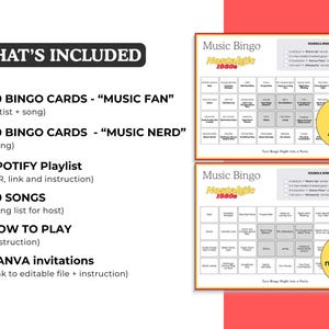May include: A music bingo game set with two bingo cards and a list of included items. The cards are labeled "Music Bingo Nostalgic 1980s" and include song titles. The set includes 30 bingo cards, a Spotify playlist, 50 songs, instructions, and Canva invitations.