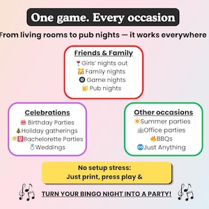 May include: A colourful graphic advertising a bingo game suitable for various events. The image showcases text highlighting the game's adaptability for family gatherings, celebrations, and other occasions. Text includes "One game. Every occasion" and "Turn your bingo night into a party!"