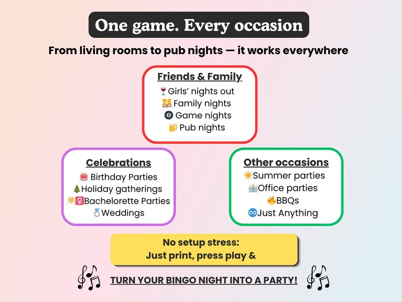 May include: A colourful graphic advertising a bingo game suitable for various events. The image showcases text highlighting the game's adaptability for family gatherings, celebrations, and other occasions. Text includes "One game. Every occasion" and "Turn your bingo night into a party!"