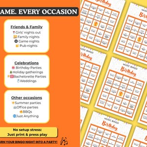 May include: Orange and white game night party supplies. The image features multiple "Music Bingo Birthday" game cards and a graphic with occasion ideas: Friends & Family, Celebrations, and Other Occasions. Text reads "One Game. Every Occasion."
