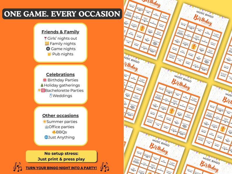 May include: Orange and white game night party supplies. The image features multiple "Music Bingo Birthday" game cards and a graphic with occasion ideas: Friends & Family, Celebrations, and Other Occasions. Text reads "One Game. Every Occasion."