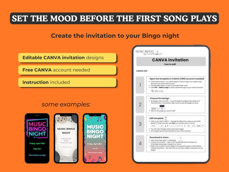 May include: An orange graphic with the text "SET THE MOOD BEFORE THE FIRST SONG PLAYS" and "Create the invitation to your Bingo night." Includes examples of Music Bingo Night invitations on smartphones and instructions on how to edit a Canva invitation.