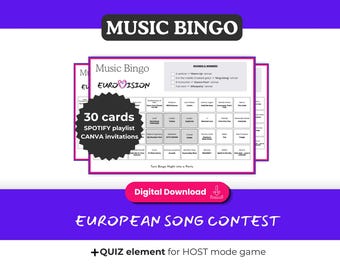 EUROVISION Music Bingo 30 Printable Cards, European Song Contest Party Game, Spotify Playlist, Instant Download