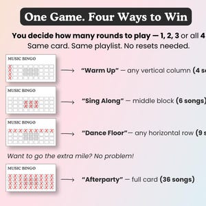 May include: A promotional graphic for a music bingo game, titled "One Game. Four Ways to Win." It details four ways to play: "Warm Up," "Sing Along," "Dance Floor," and "Afterparty," each with a different song count.